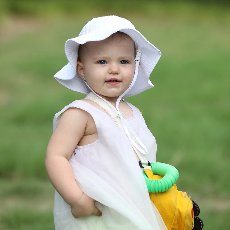 DASMINI Baby & Toddler Wide Brim Sun Hats UPF 50+ Sun Protection Bucket Cap Cute Adjustable Hat (wht Seersucker, 6-24M) - Image 5